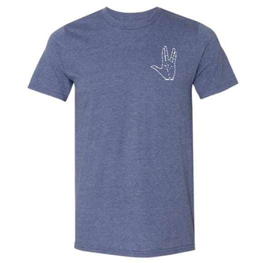 Vulcan Hand Salute Outline T-Shirt - Unisex/Mens and Ladies Sizes - Heather Blue - Leonard Nimoy's Shop LLAP