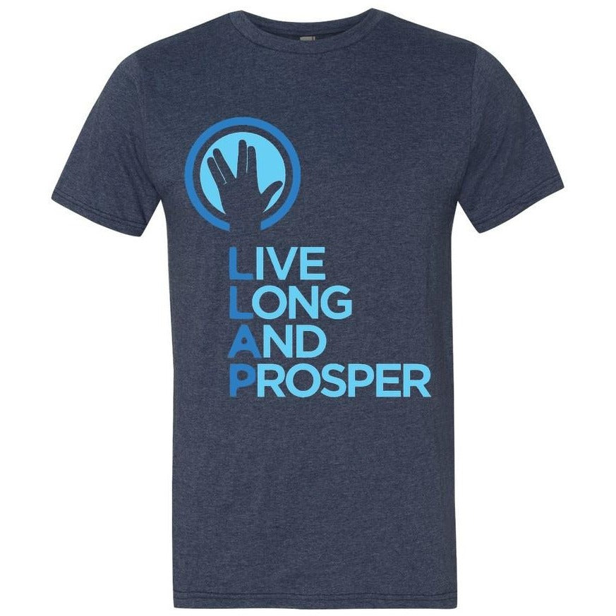 Live Long and Prosper + Hand Salute - Mens Crew Neck Tee in Heather Blue - Leonard Nimoy's Shop LLAP